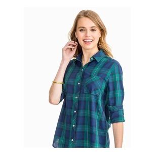 Southern Tide Emery Plaid Button Down Top Blue Green Small